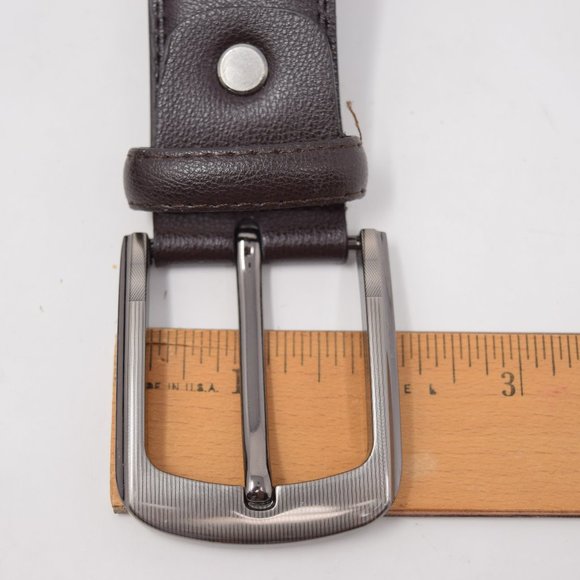 Faux Leather Belt Men 61 65 Brown Career Professional Silvertone Buckle Preppy - Picture 10 of 12
